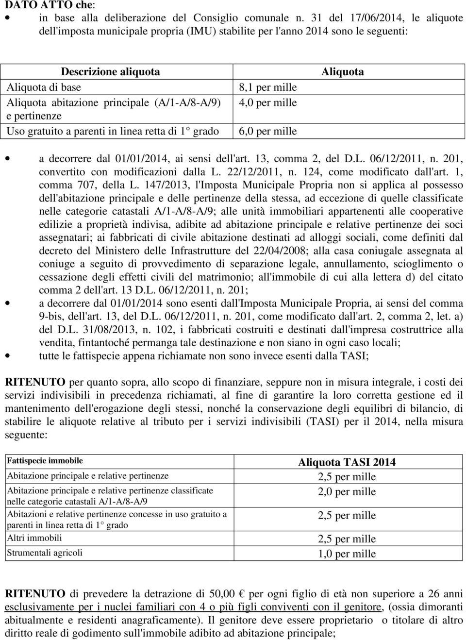 pertinenze Uso gratuito a parenti in linea retta di 1 grado 8,1 per mille 4,0 per mille 6,0 per mille Aliquota a decorrere dal 01/01/2014, ai sensi dell'art. 13, comma 2, del D.L. 06/12/2011, n.