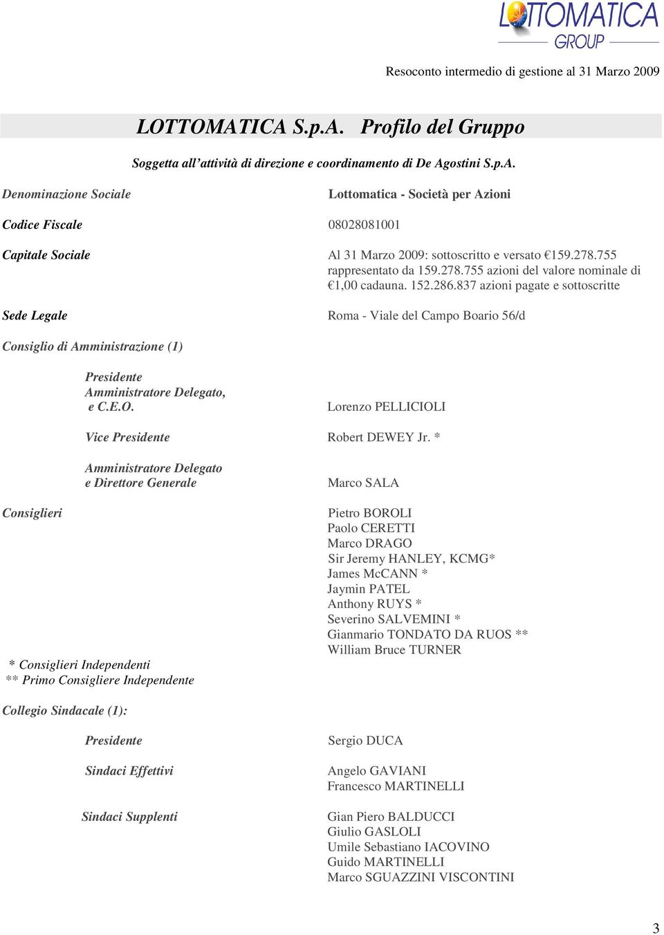 837 azioni pagate e sottoscritte Sede Legale Roma - Viale del Campo Boario 56/d Consiglio di Amministrazione (1) Presidente Amministratore Delegato, e C.E.O.