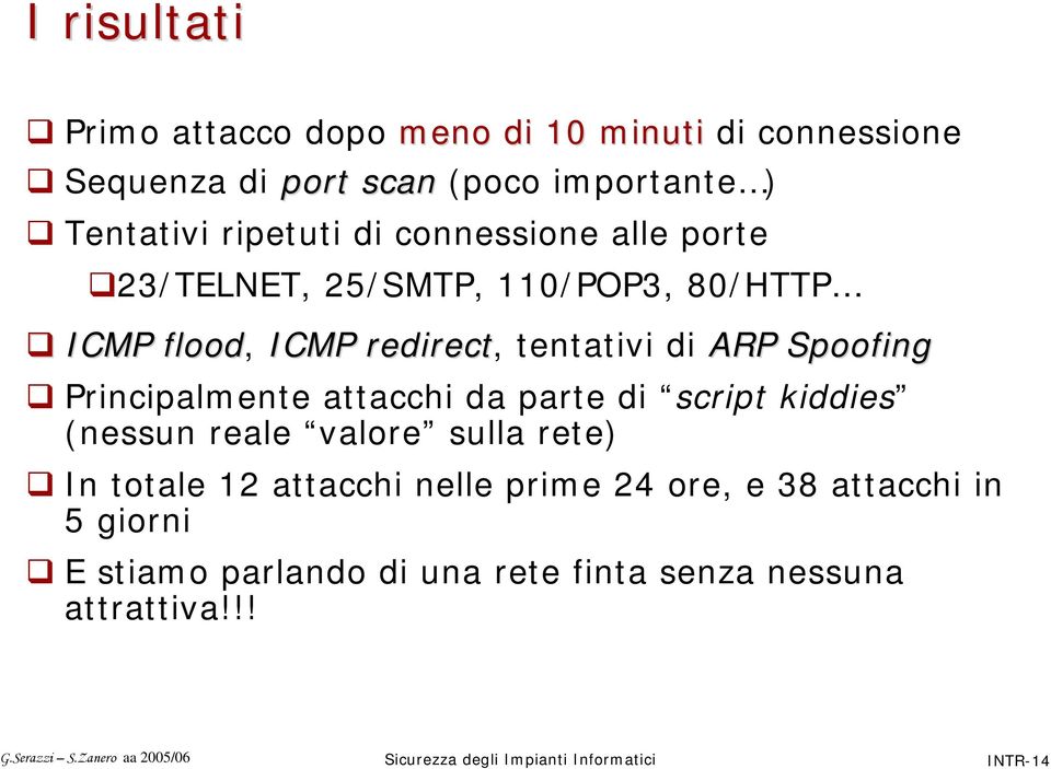 ARP Spoofing Principalmente attacchi da parte di script kiddies (nessun reale valore sulla rete) In totale 12