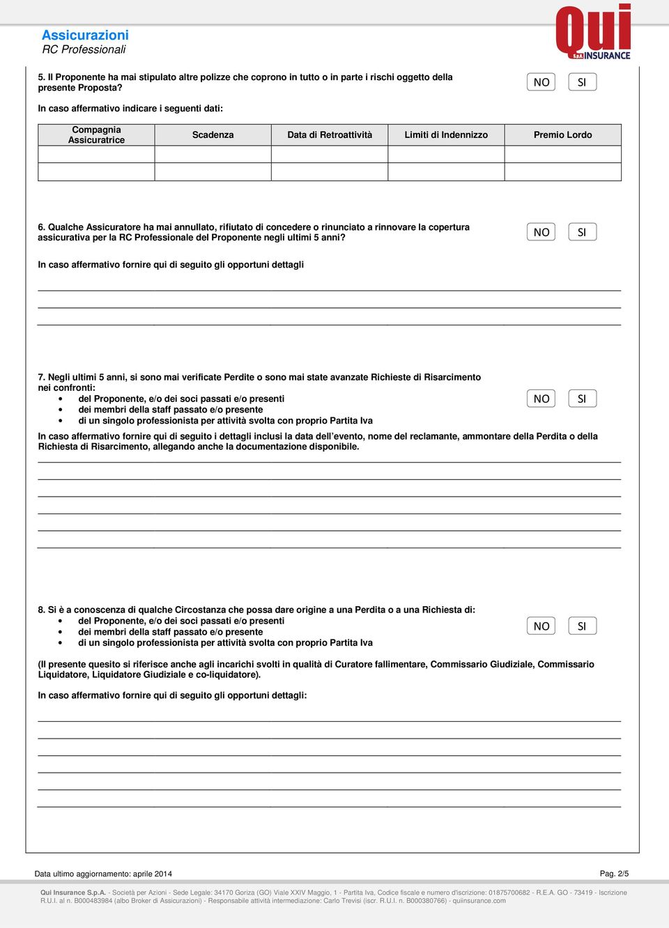 Qualche Assicuratore ha mai annullato, rifiutato di concedere o rinunciato a rinnovare la copertura assicurativa per la RC Professionale del Proponente negli ultimi 5 anni?