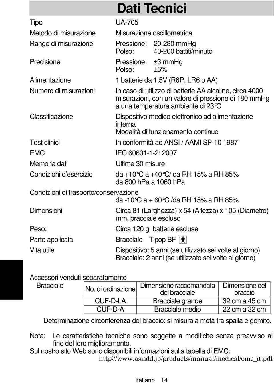 23 C Classificazione Dispositivo medico elettronico ad alimentazione interna Modalità di funzionamento continuo Test clinici In conformità ad ANSI / AAMI SP-10 1987 EMC IEC 60601-1-2: 2007 Memoria