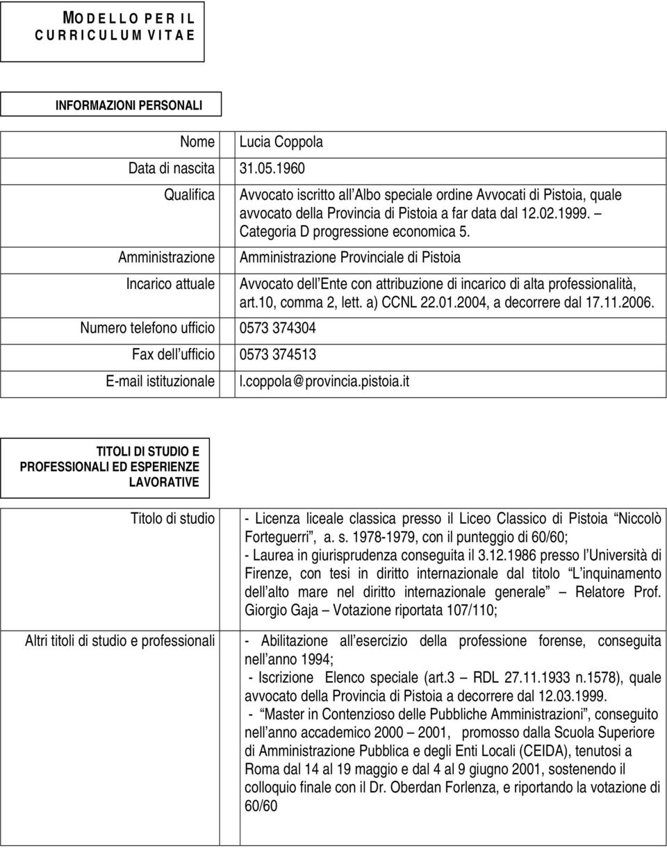 quale avvocato della Provincia di Pistoia a far data dal 12.02.1999. Categoria D progressione economica 5.