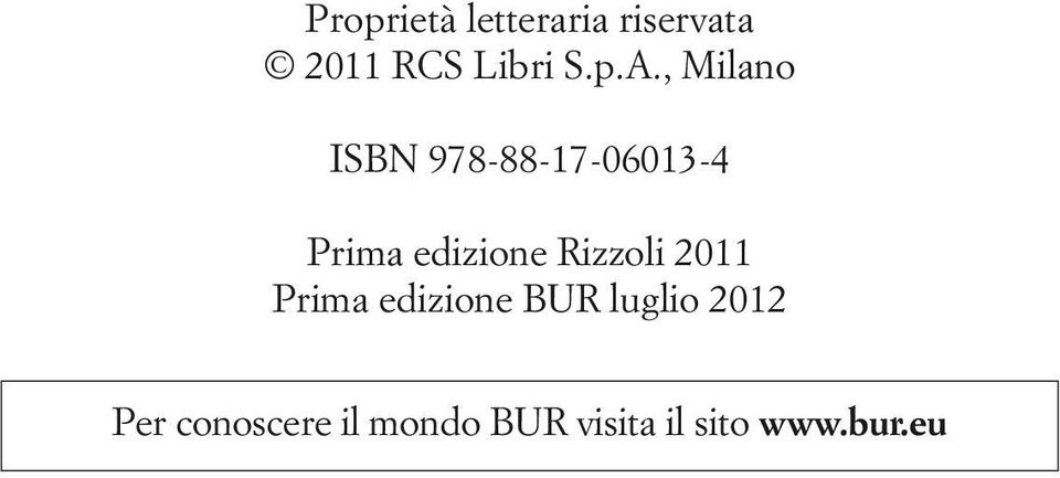 edizione Rizzoli 2011 Prima edizione BUR luglio