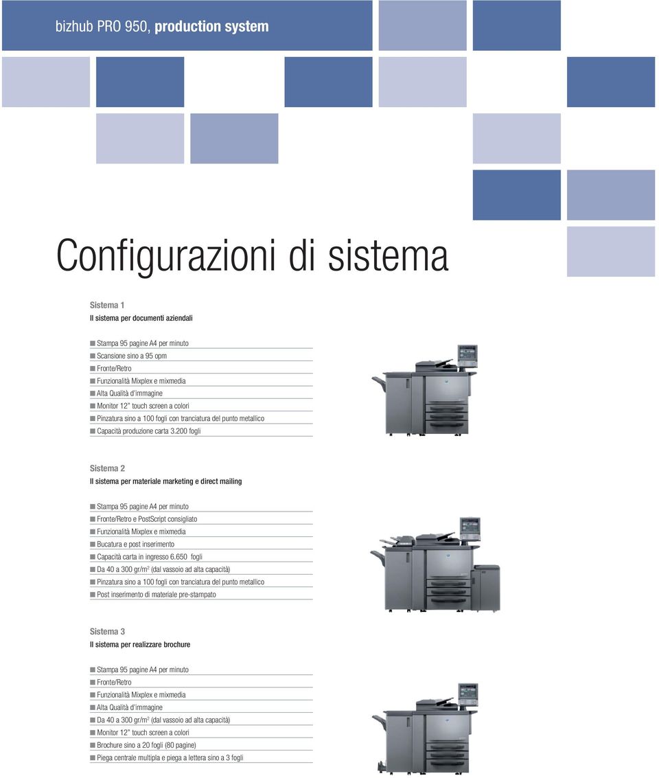 200 fogli Sistema 2 Il sistema per materiale marketing e direct mailing Stampa 95 pagine A4 per minuto Fronte/Retro e PostScript consigliato Funzionalità Mixplex e mixmedia Bucatura e post