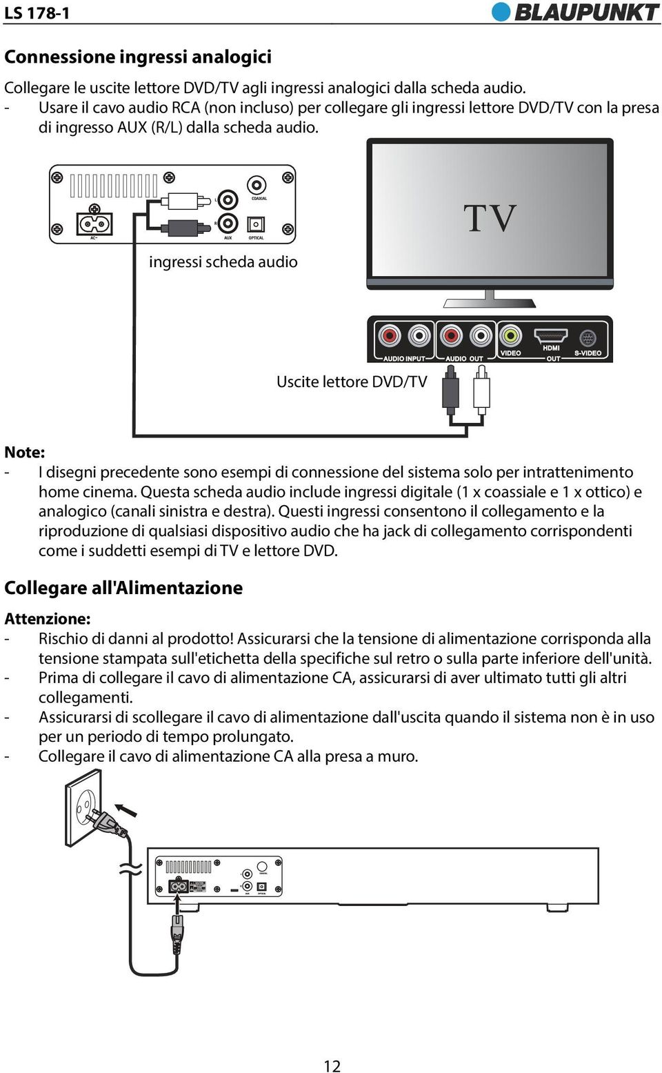 ingressi scheda audio Uscite lettore DVD/TV Note: - I disegni precedente sono esempi di connessione del sistema solo per intrattenimento home cinema.