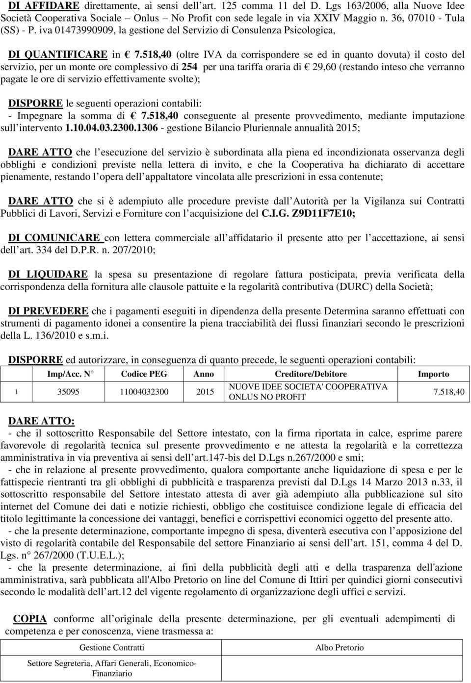 518,40 (oltre IVA da corrispondere se ed in quanto dovuta) il costo del servizio, per un monte ore complessivo di 254 per una tariffa oraria di 29,60 (restando inteso che verranno pagate le ore di