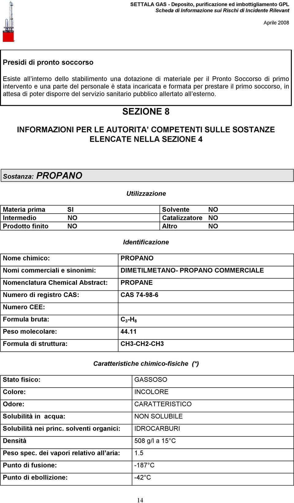 SEZIONE 8 INFORMAZIONI PER LE AUTORITA COMPETENTI SULLE SOSTANZE ELENCATE NELLA SEZIONE 4 Sostanza: PROPANO Utilizzazione Materia prima SI Solvente NO Intermedio NO Catalizzatore NO Prodotto finito