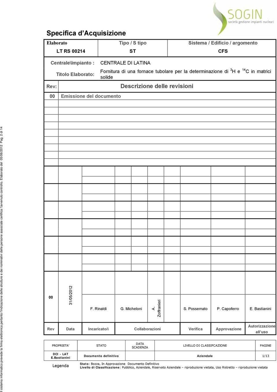 strutture e dei nominativi delle persone associate certifica l'avvenuto controllo. Elaborato del 05/06/2012 Pag. 2 di 14 31/05/2012 F. Rinaldi G. Micheloni A.