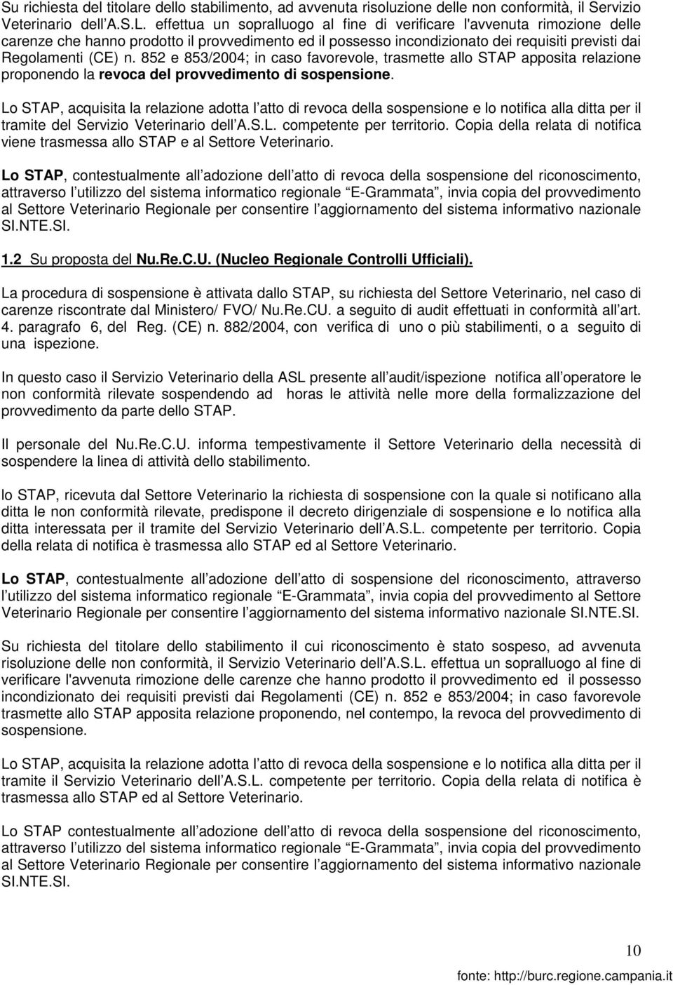 852 e 853/2004; in caso favorevole, trasmette allo STAP apposita relazione proponendo la revoca del provvedimento di sospensione.