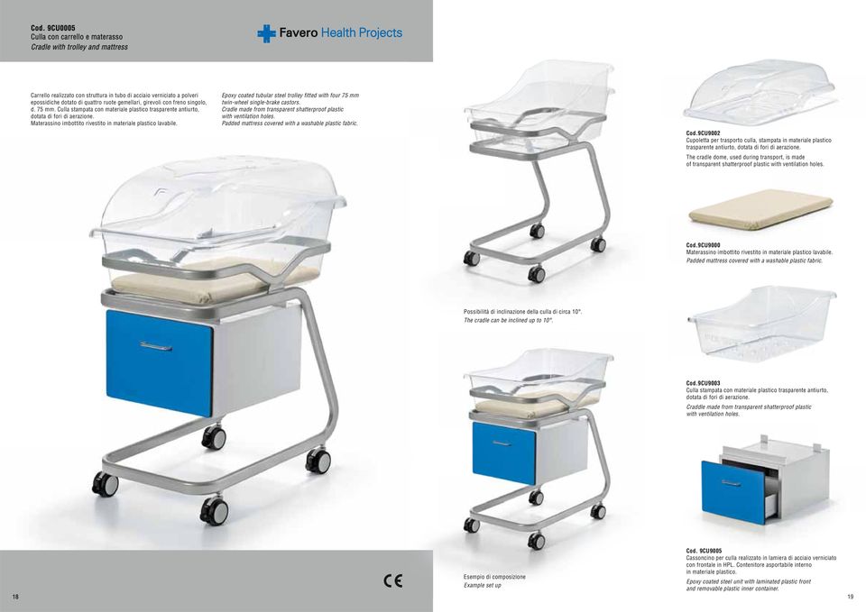 Epoxy coated tubular steel trolley fitted with four 75 mm twin-wheel single-brake castors. Cradle made from transparent shatterproof plastic with ventilation holes.