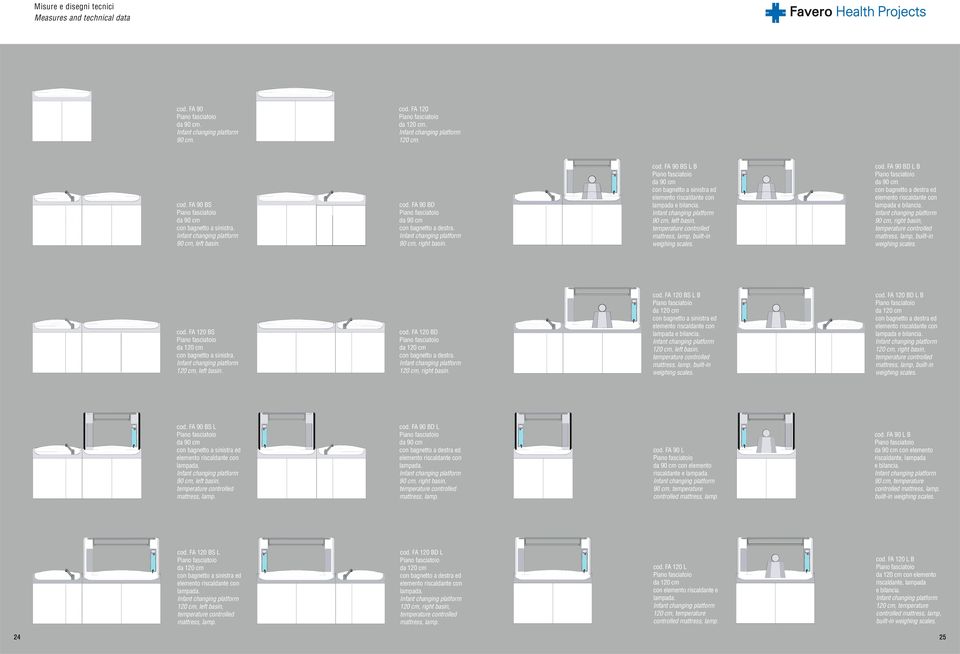 120 cm, left basin. cod. FA 120 BD con bagnetto a destra. 120 cm, right basin. cod. FA 120 BS L B lampada e bilancia. 120 cm, left basin, mattress, lamp, built-in weighing scales. cod. FA 120 BD L B con bagnetto a destra ed lampada e bilancia.