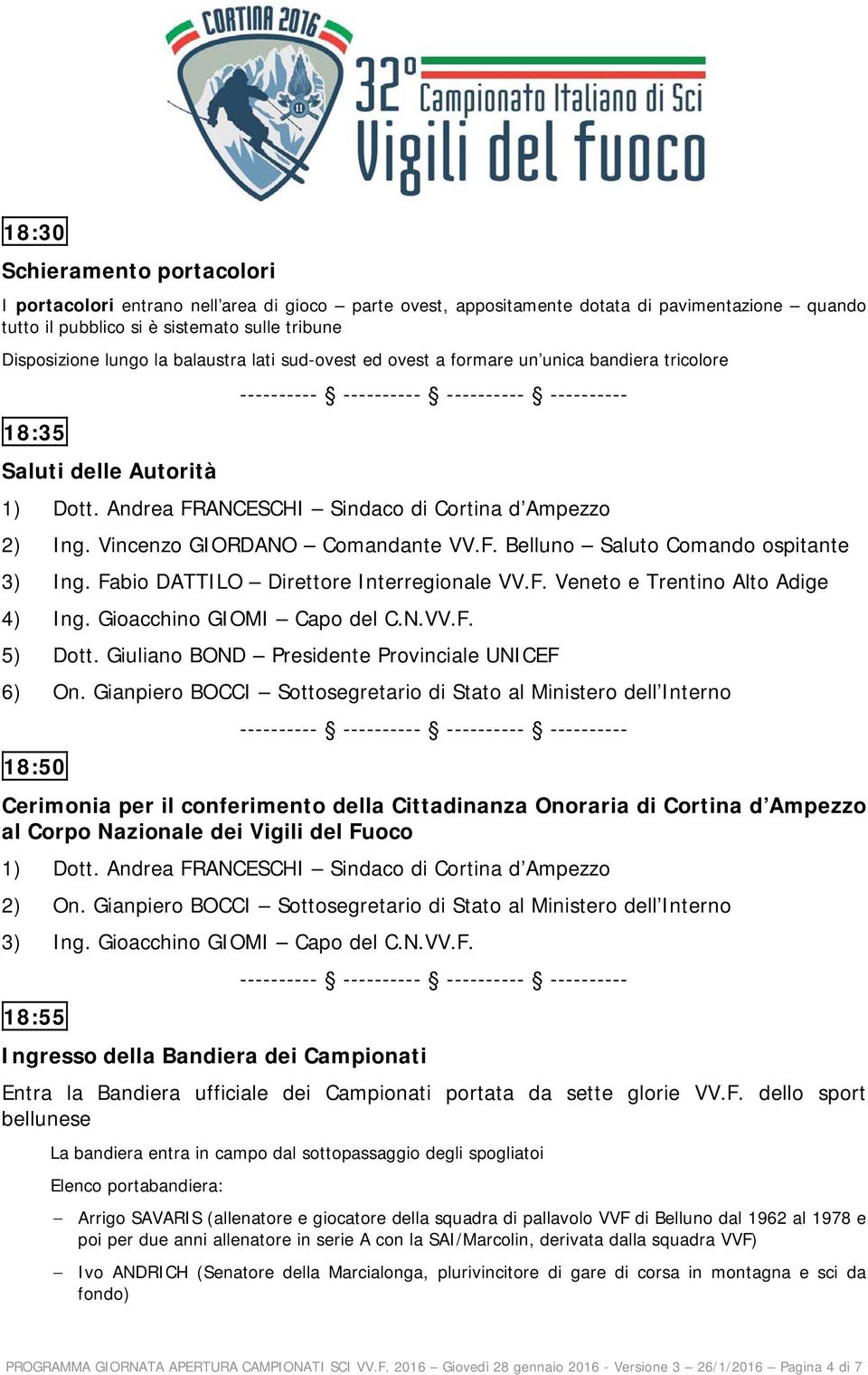 Fabio DATTILO Direttore Interregionale VV.F. Veneto e Trentino Alto Adige 4) Ing. Gioacchino GIOMI Capo del C.N.VV.F. 5) Dott. Giuliano BOND Presidente Provinciale UNICEF 6) On.