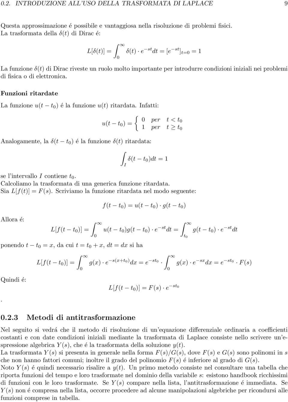 o di elettronica. Funzioni ritardate La funzione u(t t 0 ) é la funzione u(t) ritardata.