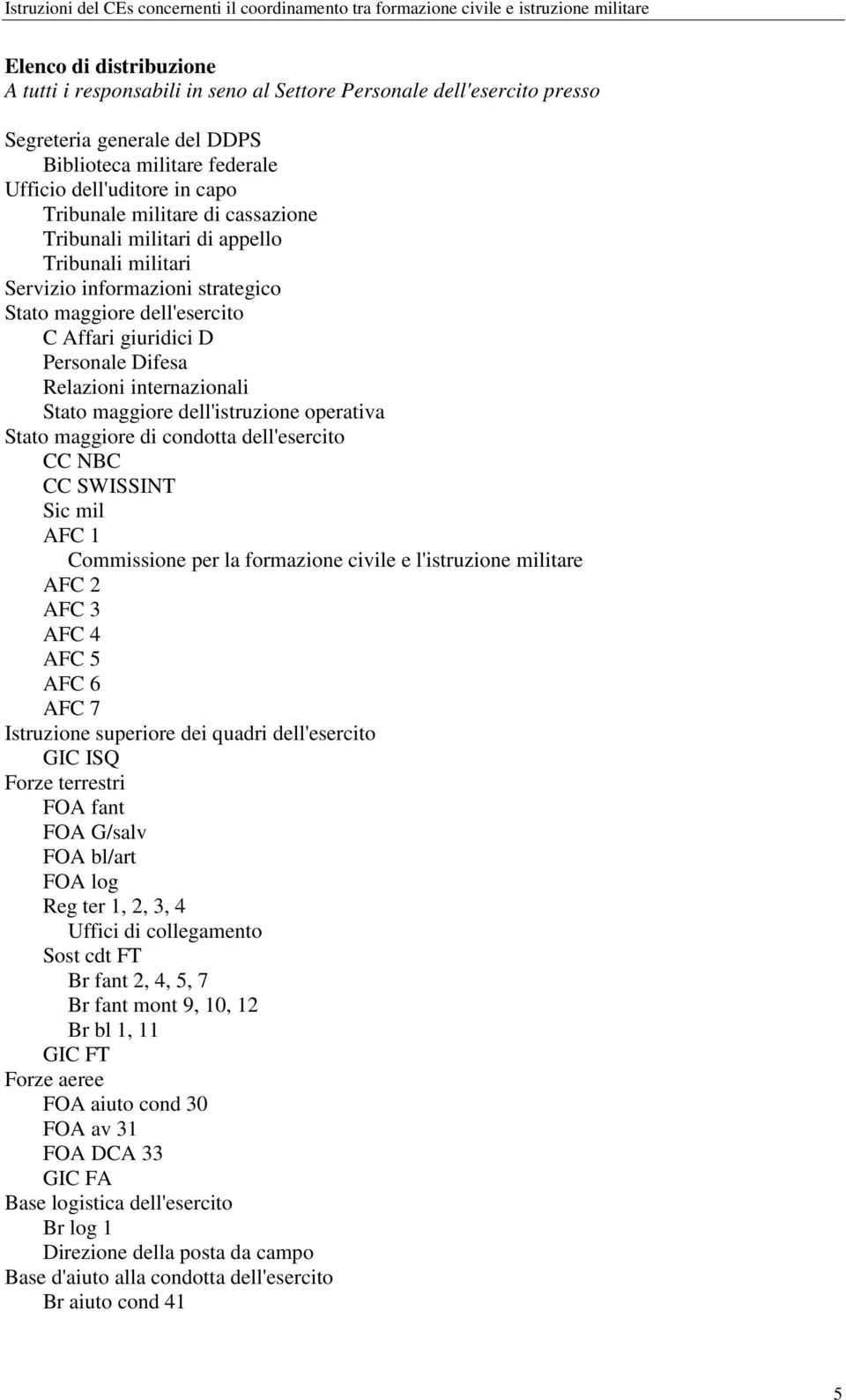 Stato maggiore dell'istruzione operativa Stato maggiore di condotta dell'esercito CC NBC CC SWISSINT Sic mil AFC 1 Commissione per la formazione civile e l'istruzione militare AFC 2 AFC 3 AFC 4 AFC 5