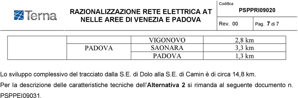 complessivo del tracciato dalla S.E. di Dolo alla S.E. di Camin è di circa 14,8 km.