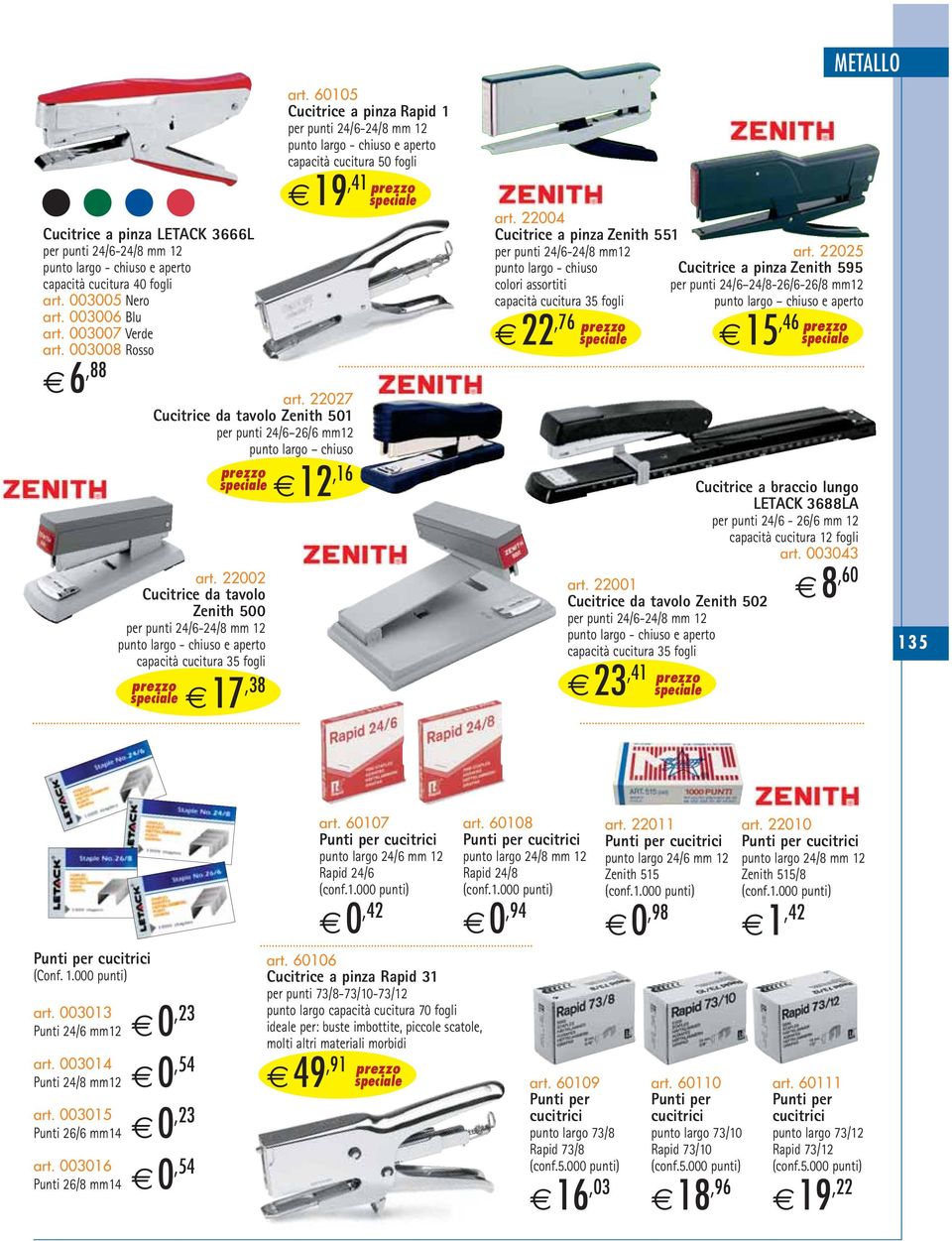 22002 Cucitrice da tavolo Zenith 500 per punti 24/6-24/8 mm 12 punto largo - chiuso e aperto capacità cucitura 35 fogli 17,38 art.