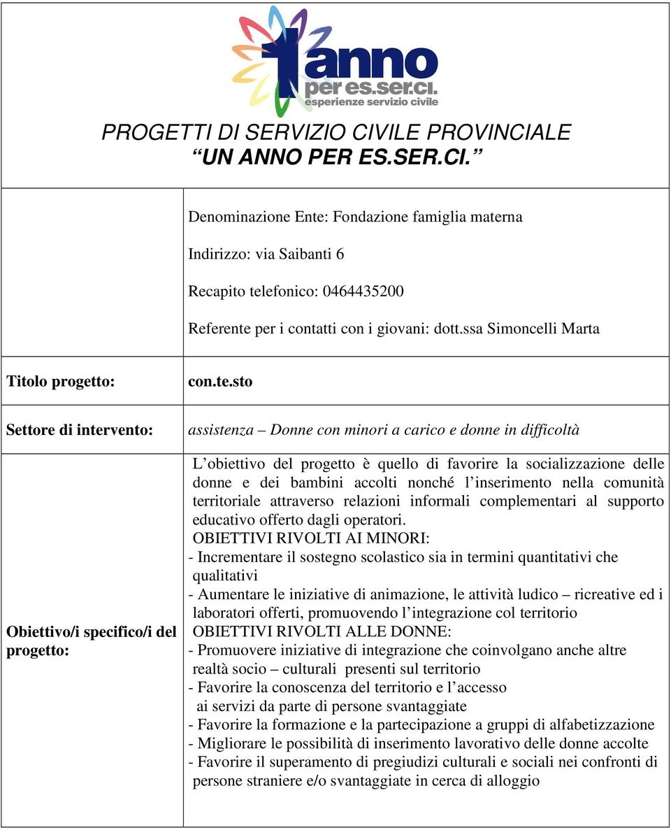 sto Settore di intervento: Obiettivo/i specifico/i del progetto: assistenza Donne con minori a carico e donne in difficoltà L obiettivo del progetto è quello di favorire la socializzazione delle