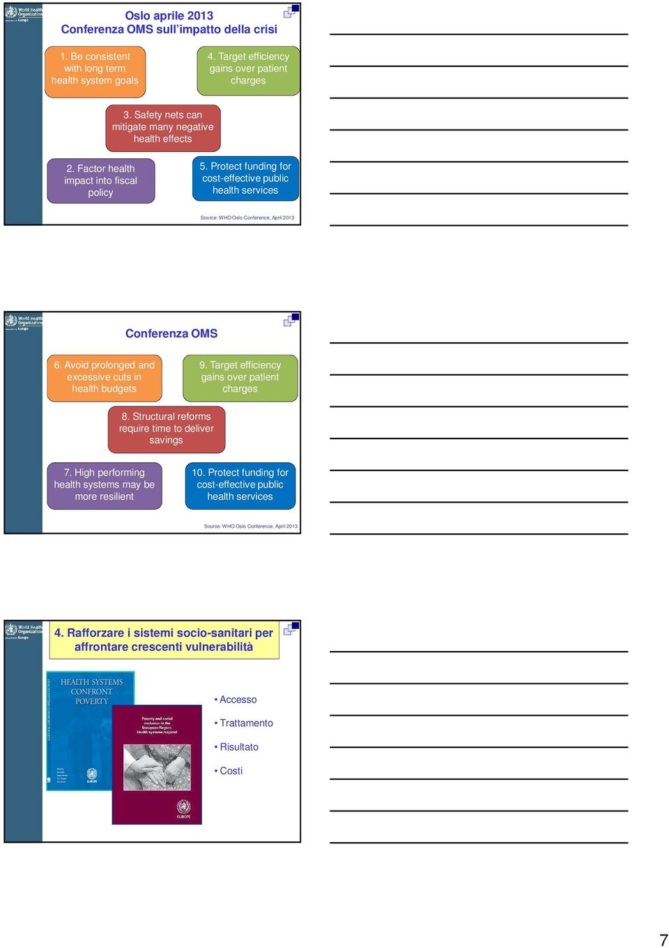 Protect funding for cost-effective public health services Source: WHO Oslo Conference, April 2013 Conferenza OMS 6. Avoid prolonged and excessive cuts in health budgets 9.