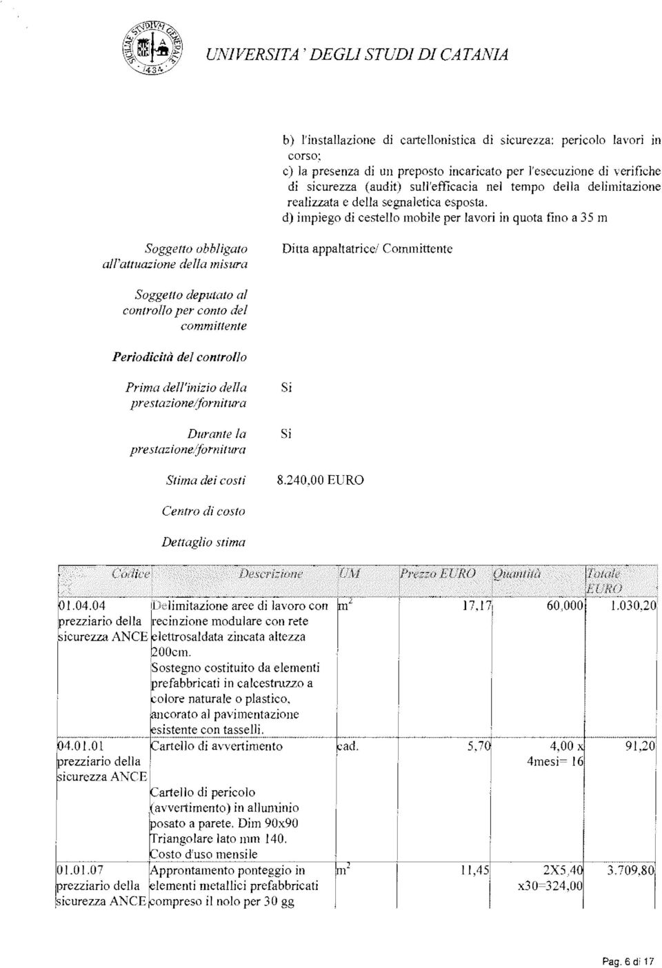 o moble per lavor n quota fno a 35 m Soggetto obblgato all attuazone della msura Dtta appatatrce/ Commttente Sàggetto deputato al controlla per cono de commtente Perodctà del controllo.