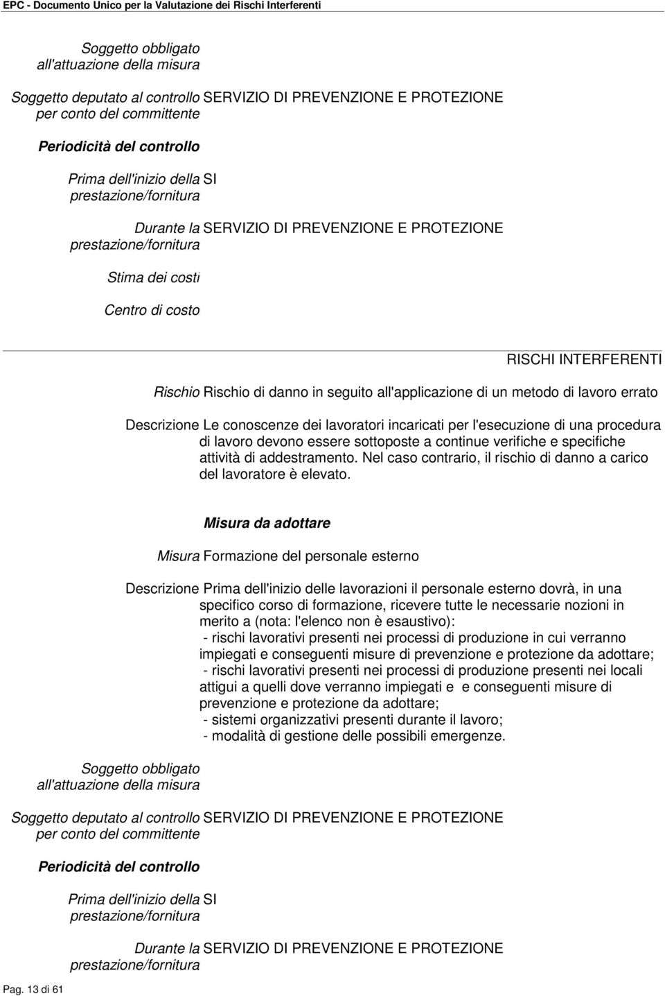 13 di 61 Misura Formazione del personale esterno Descrizione Prima dell'inizio delle lavorazioni il personale esterno dovrà, in una specifico corso di formazione, ricevere tutte le necessarie nozioni