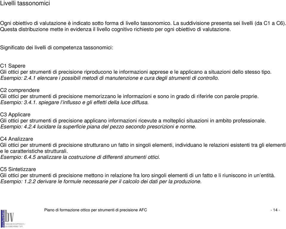 Significato dei livelli di competenza tassonomici: C1 Sapere Gli ottici per strumenti di precisione riproducono le informazioni apprese e le applicano a situazioni dello stesso tipo. Esempio: 2.4.