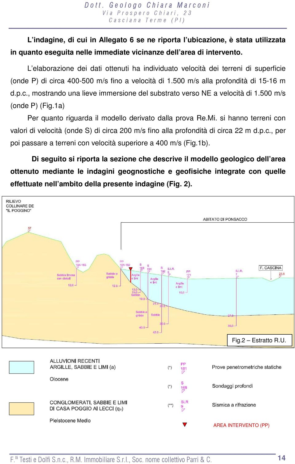 500 m/s (onde P) (Fig.1a) Per quanto riguarda il modello derivato dalla prova Re.Mi. si hanno terreni con valori di velocità (onde S) di circa 200 m/s fino alla profondità di circa 22 m d.p.c., per poi passare a terreni con velocità superiore a 400 m/s (Fig.