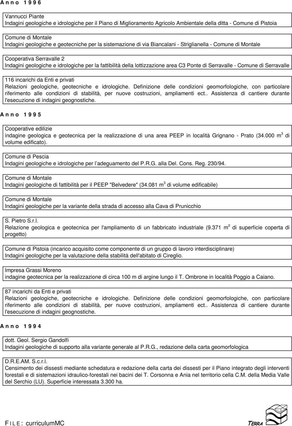 - Comune di Serravalle 116 incarichi da Enti e privati l'esecuzione di indagini A n n o 1 9 9 5 Cooperative edilizie indagine geologica e geotecnica per la realizzazione di una area PEEP in località