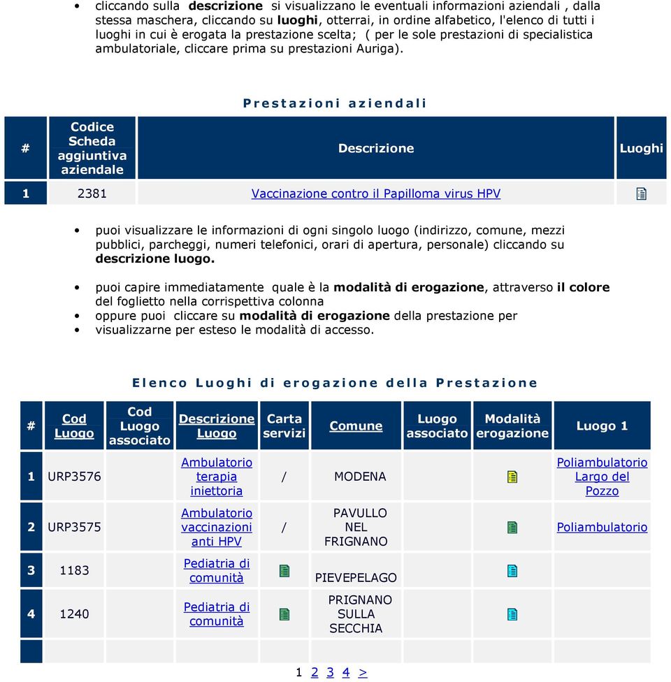 P r e s t a z i o n i a z i e n d a l i # Codice Scheda aggiuntiva aziendale Descrizione Luoghi 1 2381 Vaccinazione contro il Papilloma virus HPV puoi visualizzare le informazioni di ogni singolo