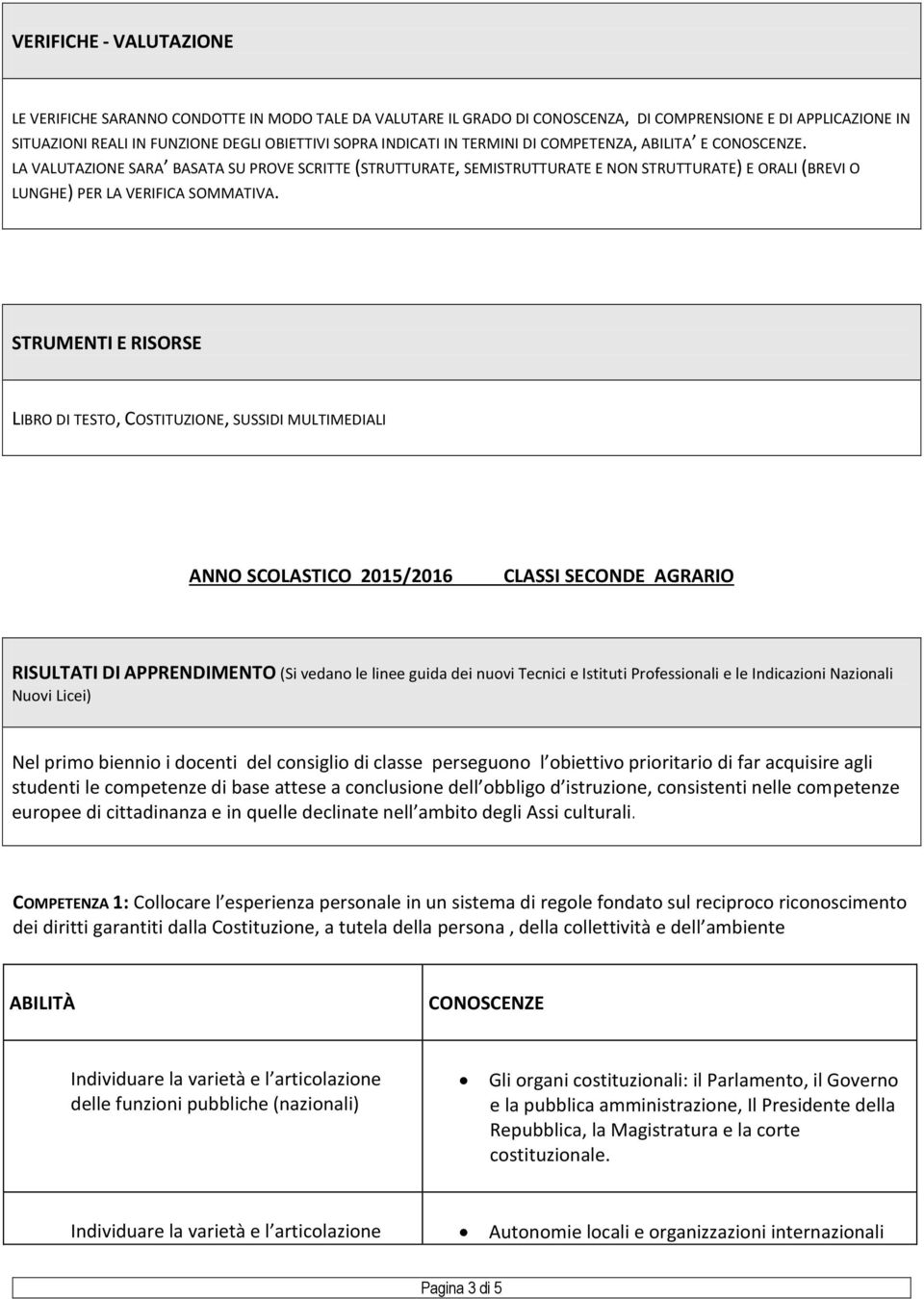 STRUMENTI E RISORSE LIBRO DI TESTO, COSTITUZIONE, SUSSIDI MULTIMEDIALI ANNO SCOLASTICO 2015/2016 CLASSI SECONDE AGRARIO RISULTATI DI APPRENDIMENTO (Si vedano le linee guida dei nuovi Tecnici e