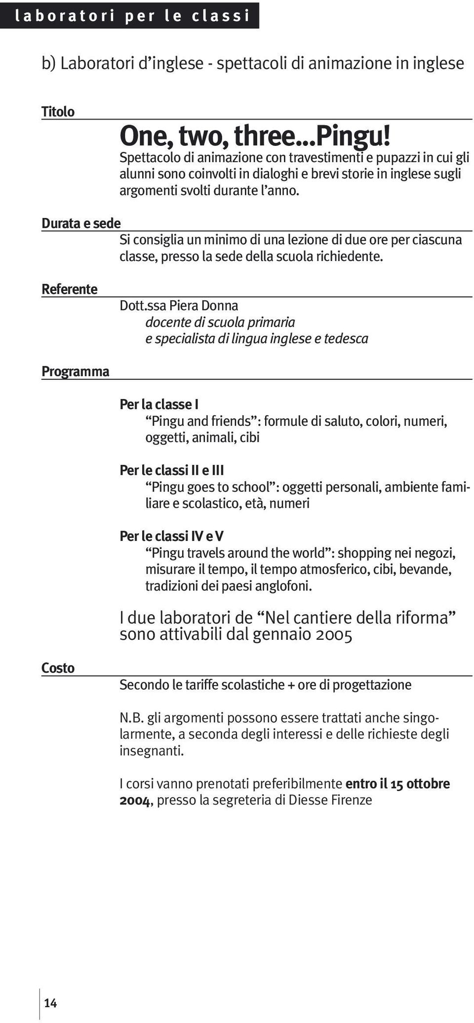 Durata e sede Si consiglia un minimo di una lezione di due ore per ciascuna classe, presso la sede della scuola richiedente. Referente Dott.