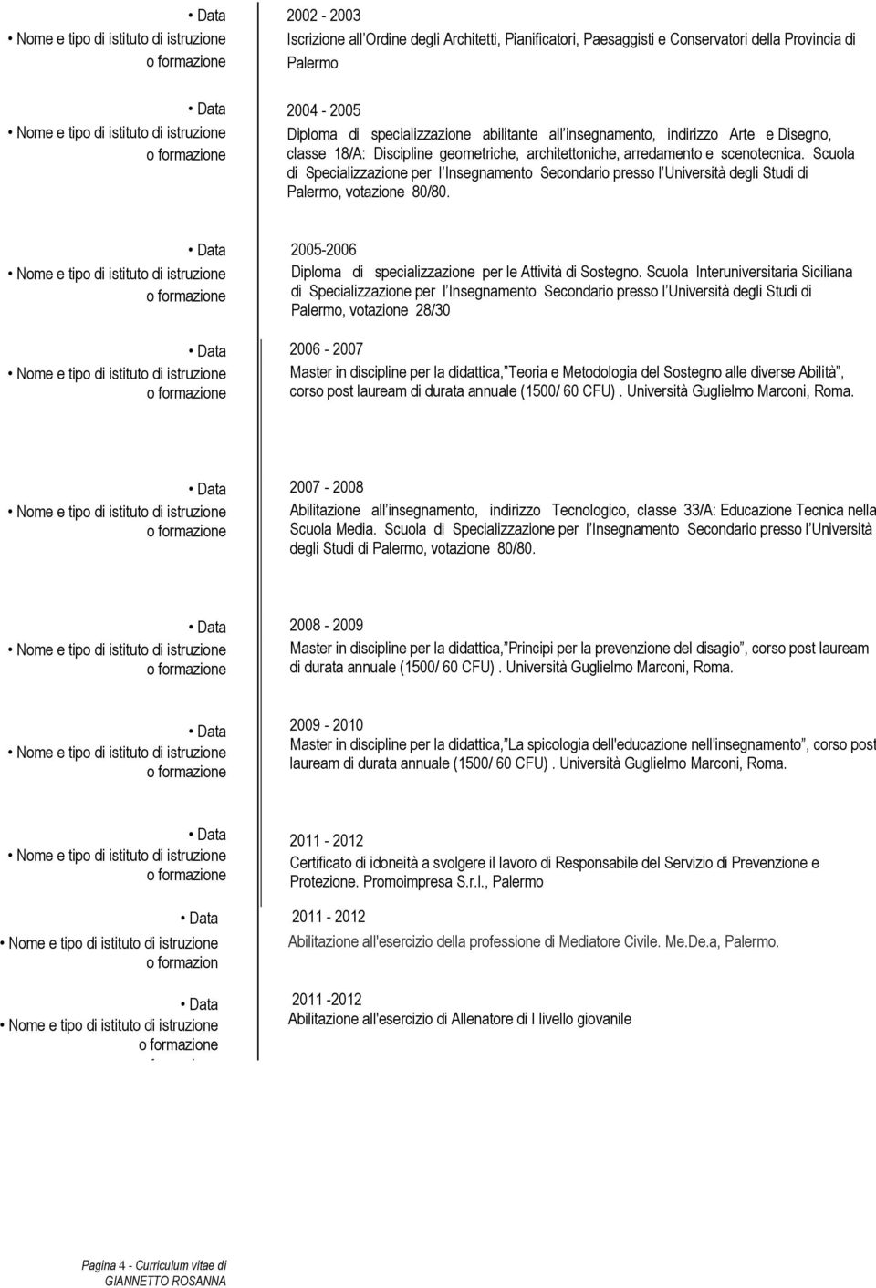 Scuola di Specializzazione per l Insegnamento Secondario presso l Università degli Studi di Palermo, votazione 80/80. 2005-2006 Diploma di specializzazione per le Attività di Sostegno.