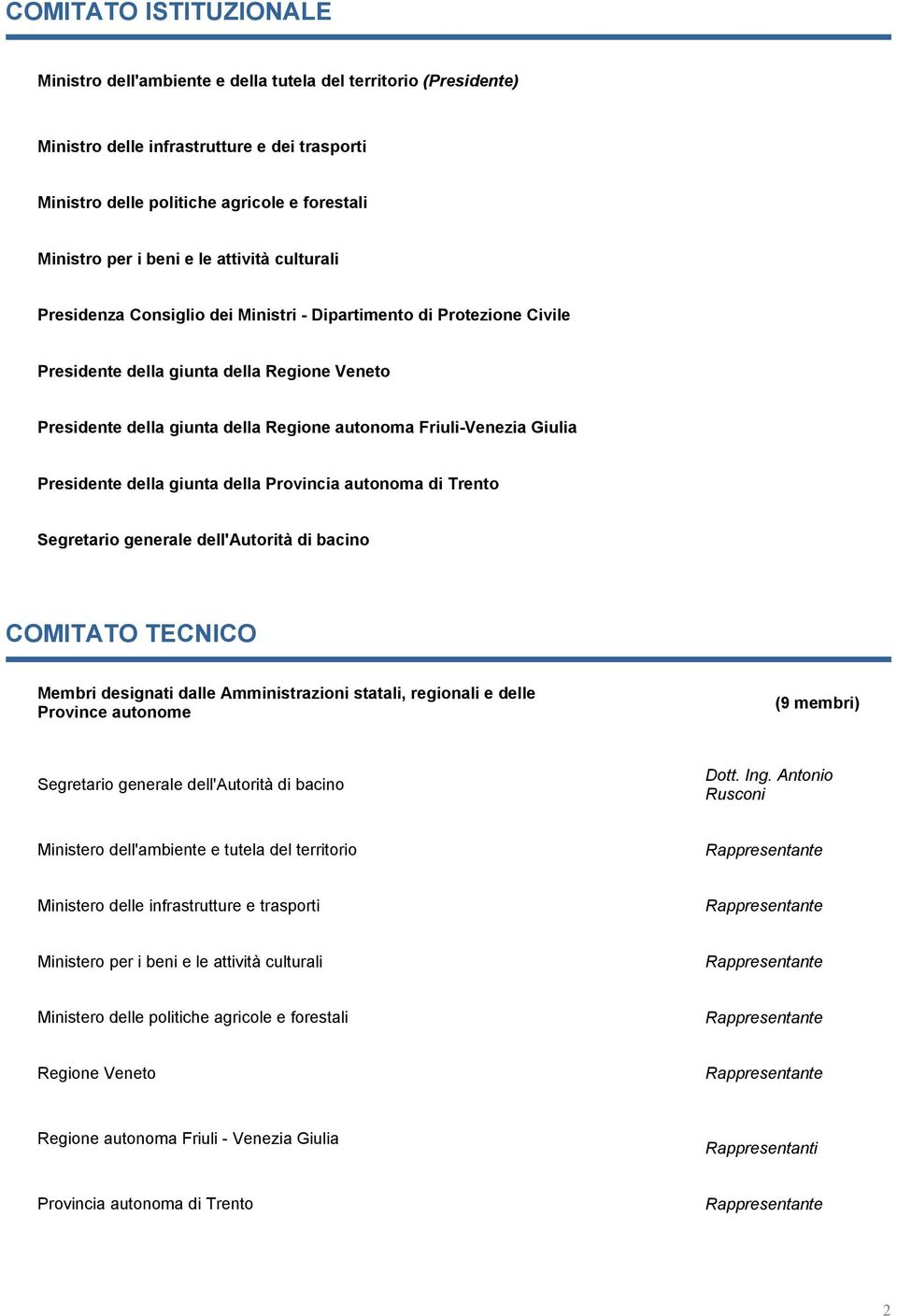 Presidente della giunta della Provincia autonoma di Trento Segretario generale dell'autorità di bacino COMITATO TECNICO Membri designati dalle Amministrazioni statali, regionali e delle Province