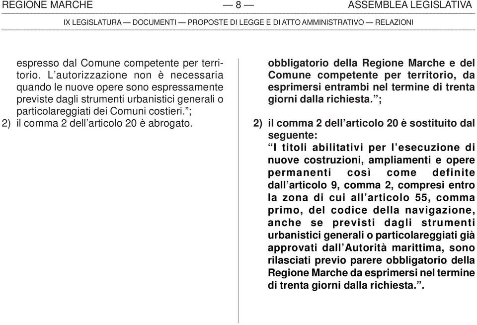 ; 2) il comma 2 dell articolo 20 è abrogato. obbligatorio della Regione Marche e del Comune competente per territorio, da esprimersi entrambi nel termine di trenta giorni dalla richiesta.