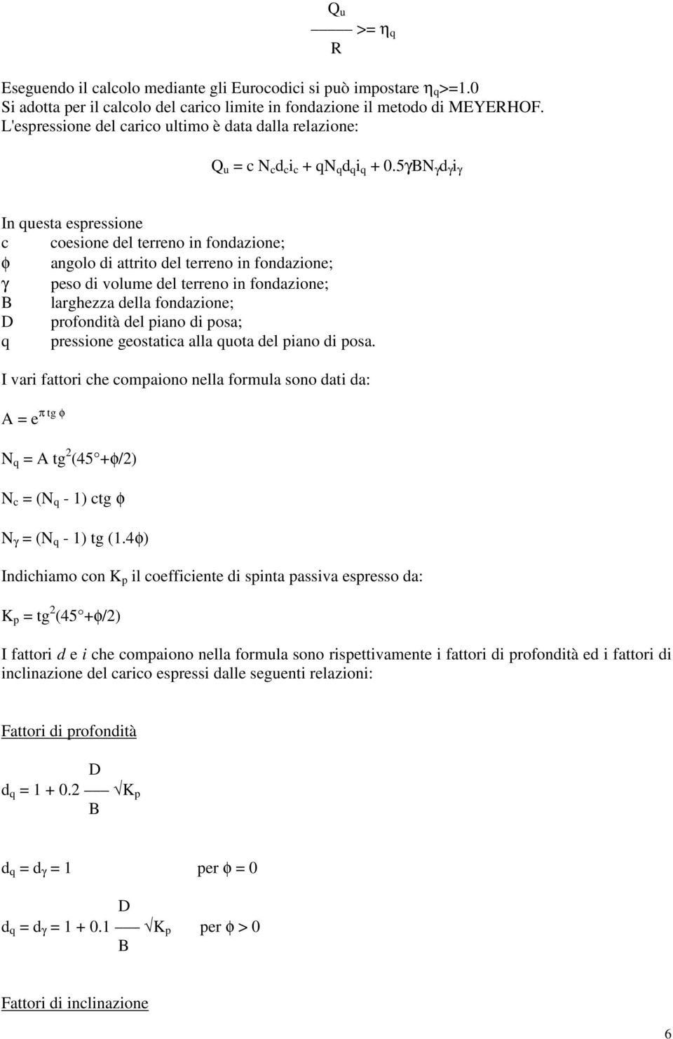 5γBN γ d γ i γ In questa espressione c coesione del terreno in fondazione; φ angolo di attrito del terreno in fondazione; γ peso di volume del terreno in fondazione; B larghezza della fondazione; D