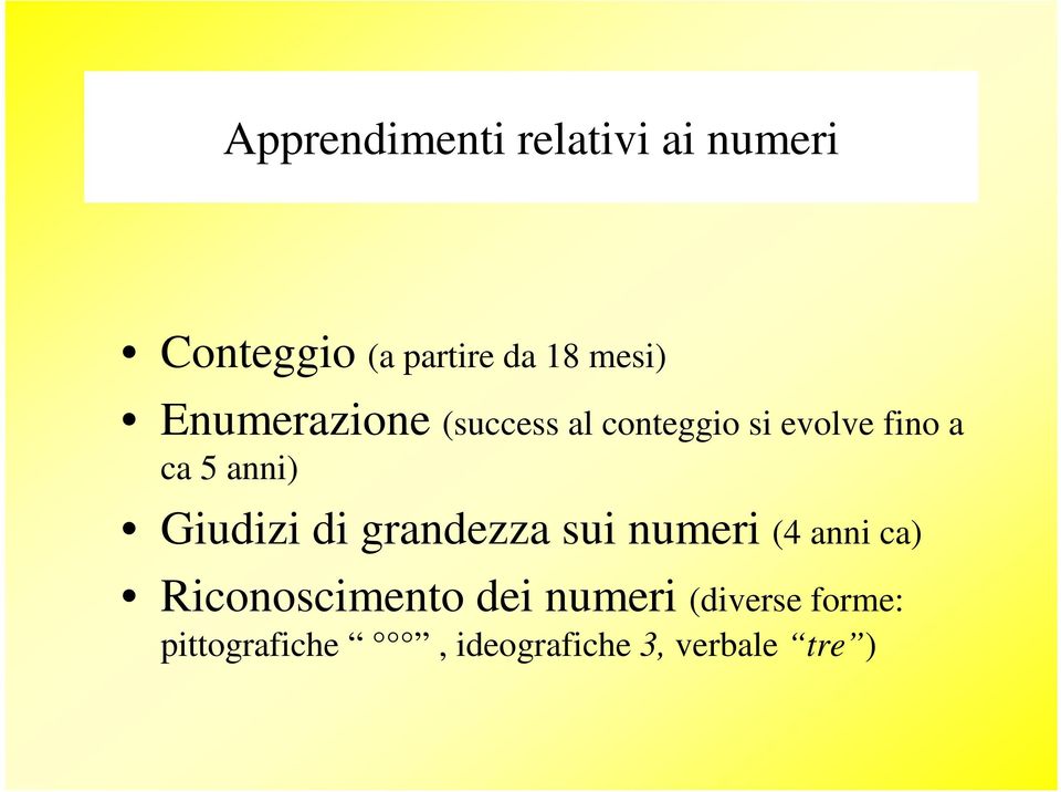 anni) Giudizi di grandezza sui numeri (4 anni ca) Riconoscimento