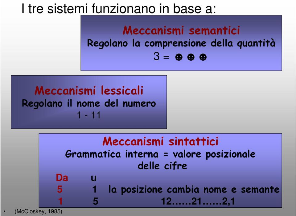 numero 1-11 (McCloskey, 1985) Meccanismi sintattici Grammatica interna =