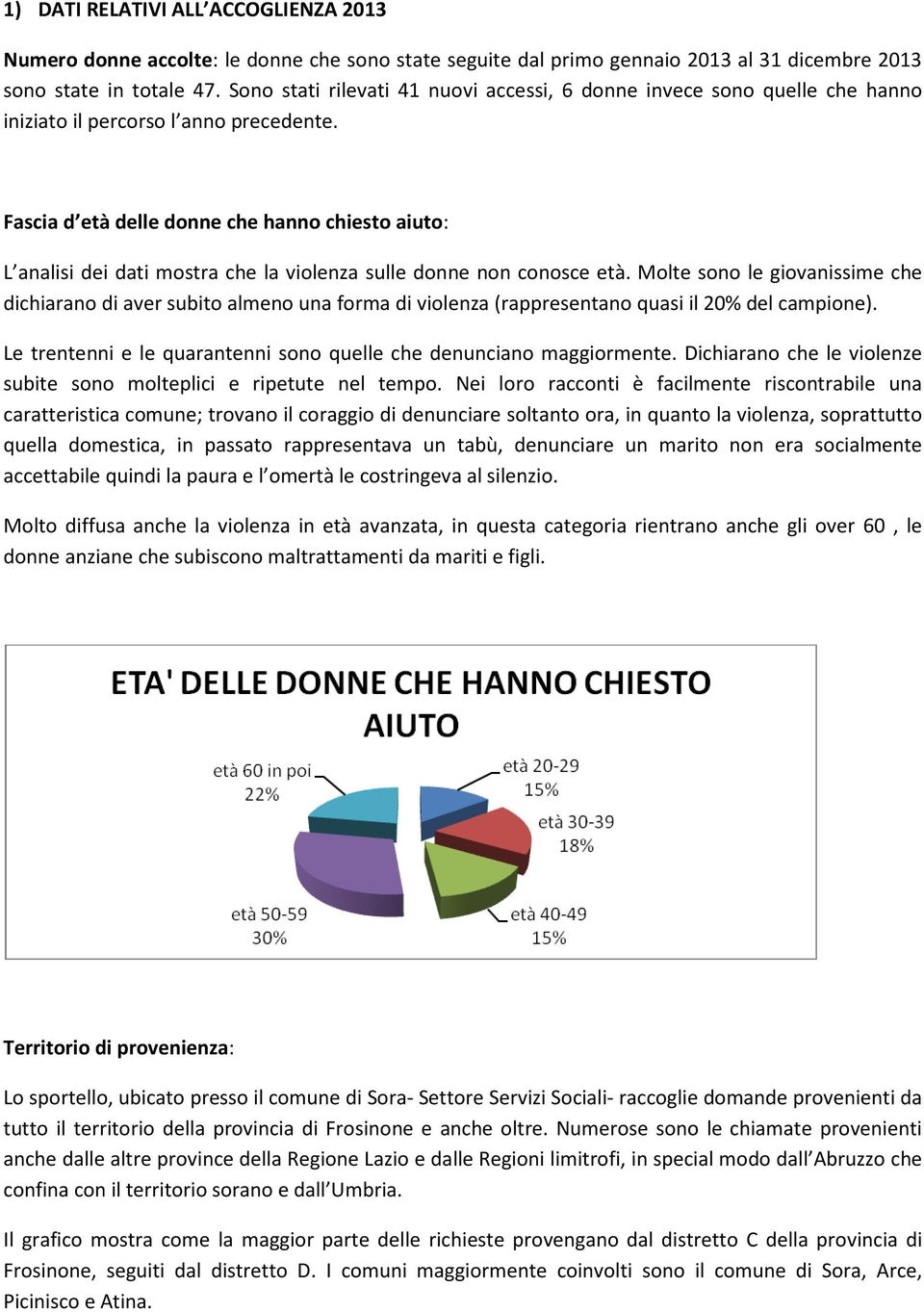 Fascia d età delle donne che hanno chiesto aiuto: L analisi dei dati mostra che la violenza sulle donne non conosce età.