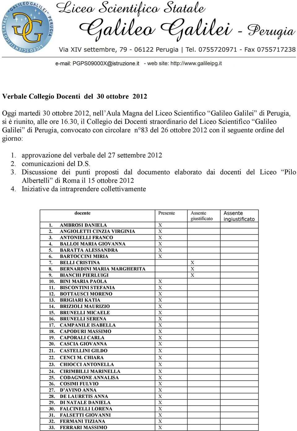 approvazione del verbale del 27 settembre 2012 2. comunicazioni del D.S. 3. Discussione dei punti proposti dal documento elaborato dai docenti del Liceo Pilo Albertelli di Roma il 15 ottobre 2012 4.