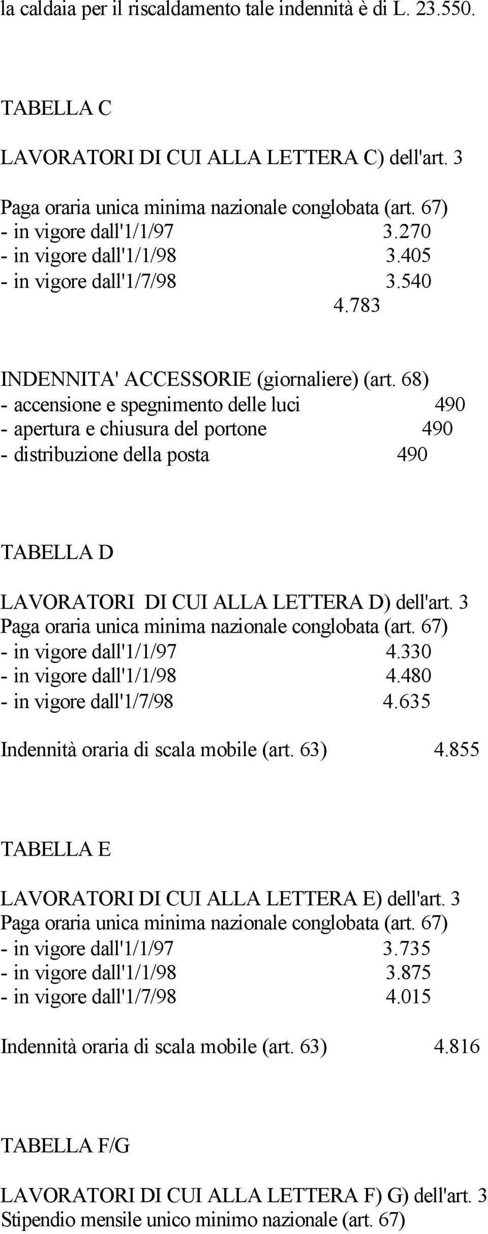 68) - accensione e spegnimento delle luci 490 - apertura e chiusura del portone 490 - distribuzione della posta 490 TABELLA D LAVORATORI DI CUI ALLA LETTERA D) dell'art.