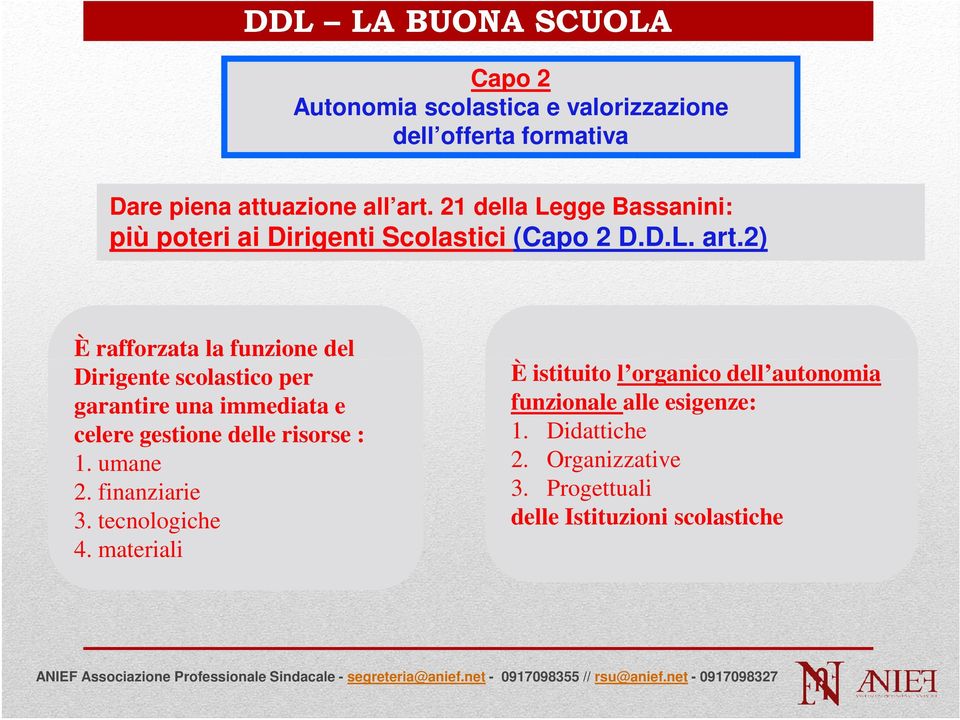 2) È rafforzata la funzione del Dirigente scolastico per garantire una immediata e celere gestione delle risorse : 1. umane 2.