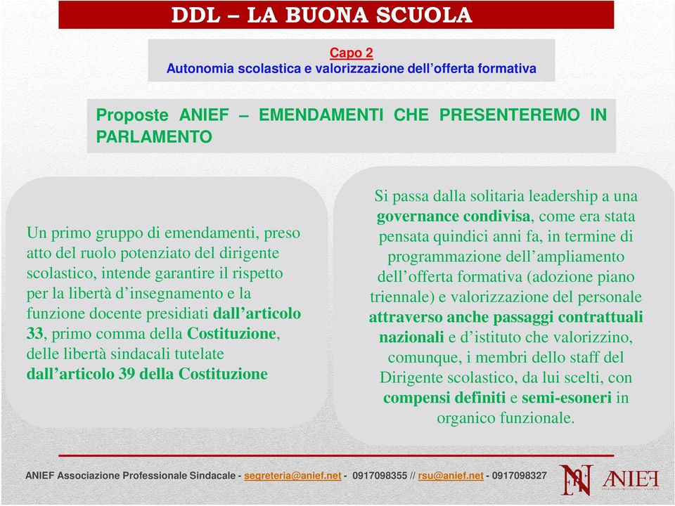 sindacali tutelate dall articolo 39 della Costituzione Si passa dalla solitaria leadership a una governance condivisa, come era stata pensata quindici anni fa, in termine di programmazione dell