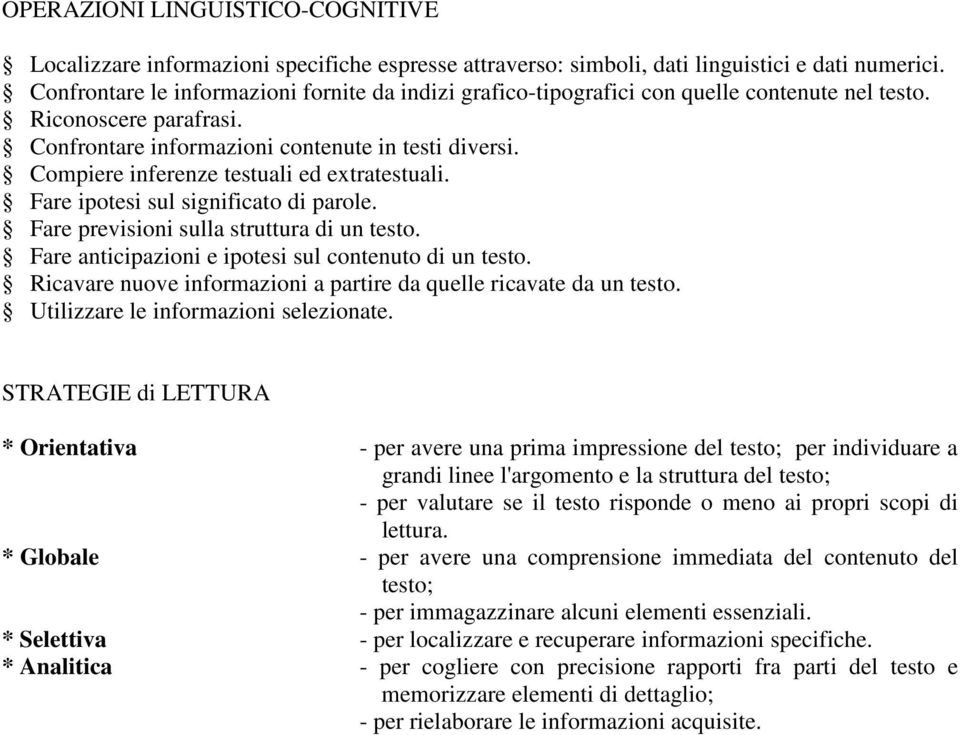 Compiere inferenze testuali ed extratestuali. Fare ipotesi sul significato di parole. Fare previsioni sulla struttura di un testo. Fare anticipazioni e ipotesi sul contenuto di un testo.