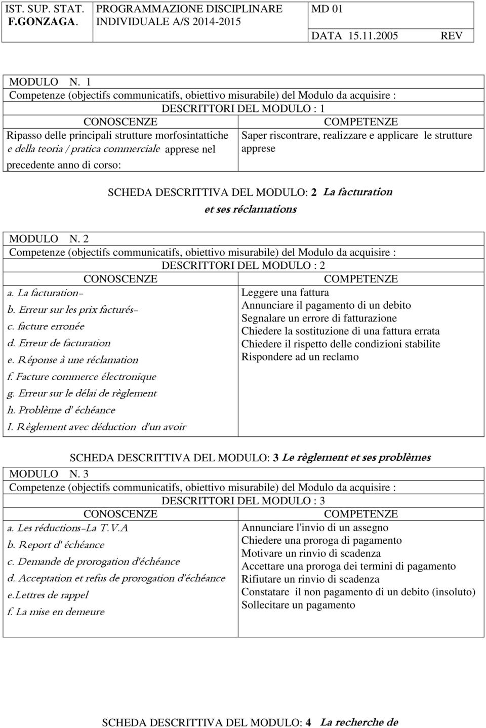 le strutture apprese SCHEDA DESCRITTIVA DEL MODULO: 2 La facturation et ses réclamations  2 DESCRITTORI DEL MODULO : 2 a. La facturation- b. Erreur sur les prix facturés- c. facture erronée d.