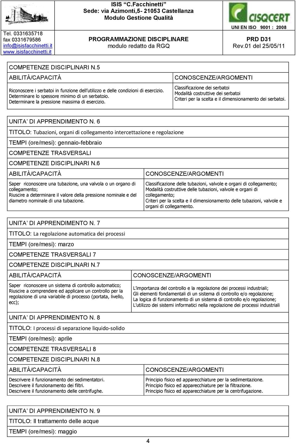 6 TITOLO: Tubazioni, organi di collegamento intercettazione e regolazione TEMPI (ore/mesi): gennaio-febbraio COMPETENZE TRASVERSALI COMPETENZE DISCIPLINARI N.