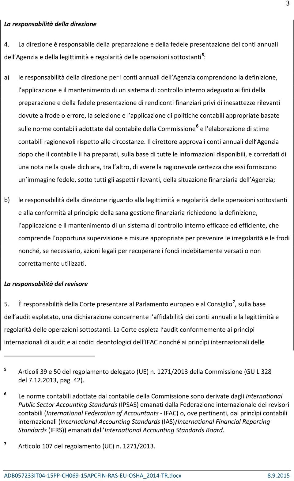 direzione per i conti annuali dell Agenzia comprendono la definizione, l applicazione e il mantenimento di un sistema di controllo interno adeguato ai fini della preparazione e della fedele