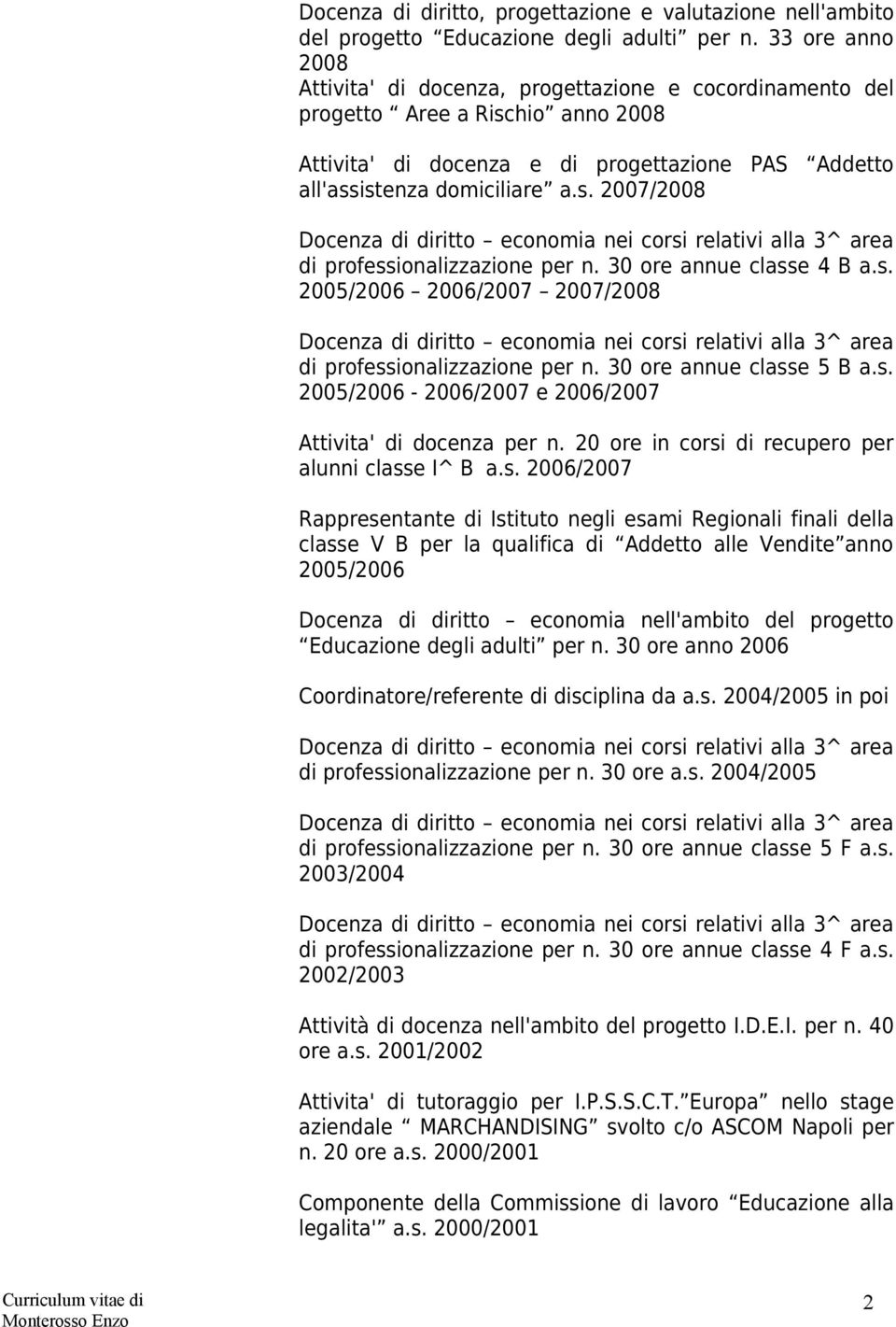 30 ore annue classe 4 B a.s. 2005/2006 2006/2007 2007/2008 di professionalizzazione per n. 30 ore annue classe 5 B a.s. 2005/2006-2006/2007 e 2006/2007 Attivita' di docenza per n.