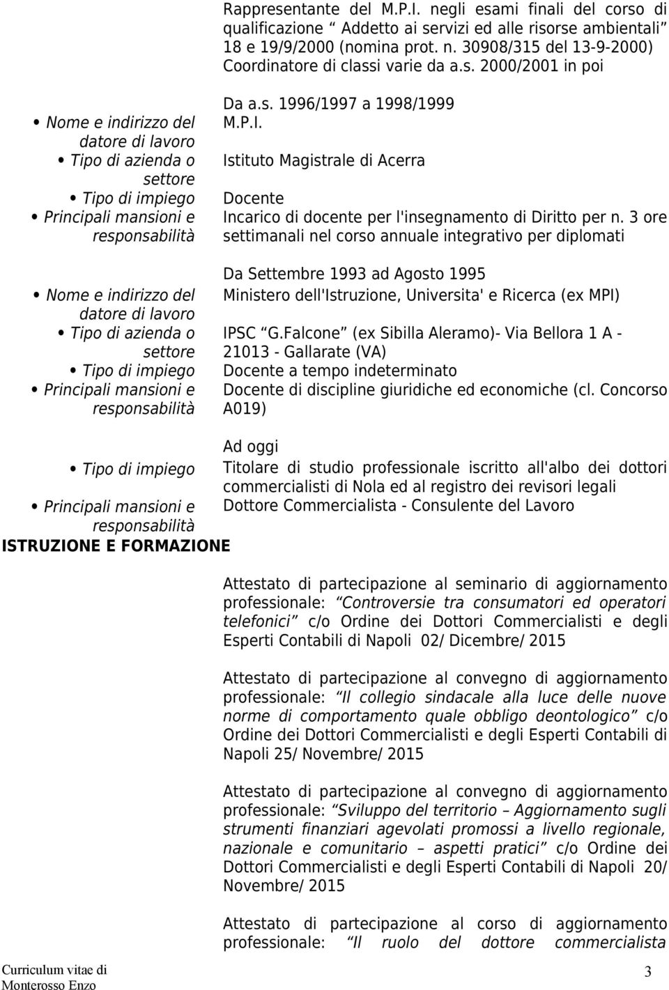 settore Tipo di impiego Principali mansioni e responsabilità Da a.s. 1996/1997 a 1998/1999 M.P.I. Istituto Magistrale di Acerra Docente Incarico di docente per l'insegnamento di Diritto per n.