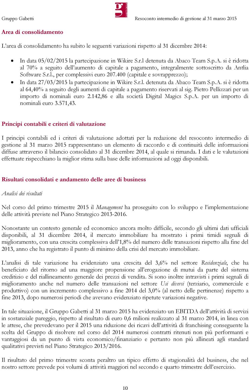 aco Team S.p.A. si è ridotta al 64,40% a seguito degli aumenti di capitale a pagamento riservati al sig. Pietro Pellizzari per un importo di nominali euro 2.142,86 e alla società Digital Magics S.p.A. per un importo di nominali euro 3.