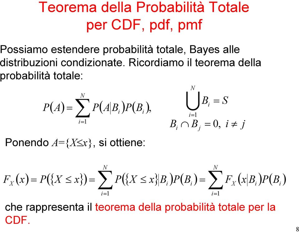 Rcordamo l teorema della probabltà totale: P N ( A) P( A B ) P( B ) Ponendo A{ x}, s