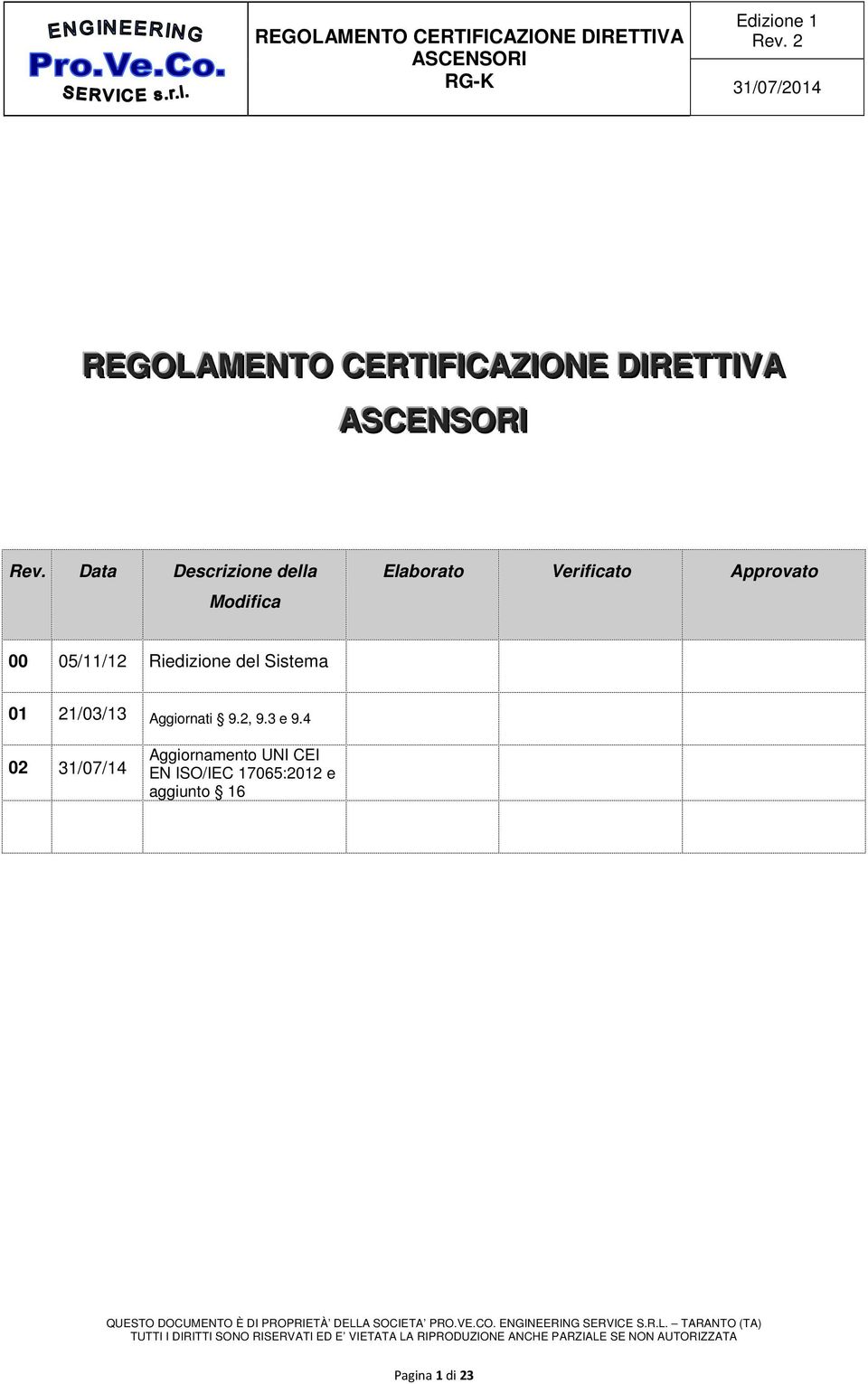 05/11/12 Riedizione del Sistema 01 21/03/13 Aggiornati 9.2, 9.3 e 9.